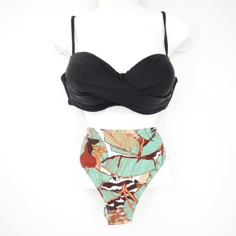NWT Cupshe Bikini Black Wrap Style Pattern Tropical Leaf Size Large